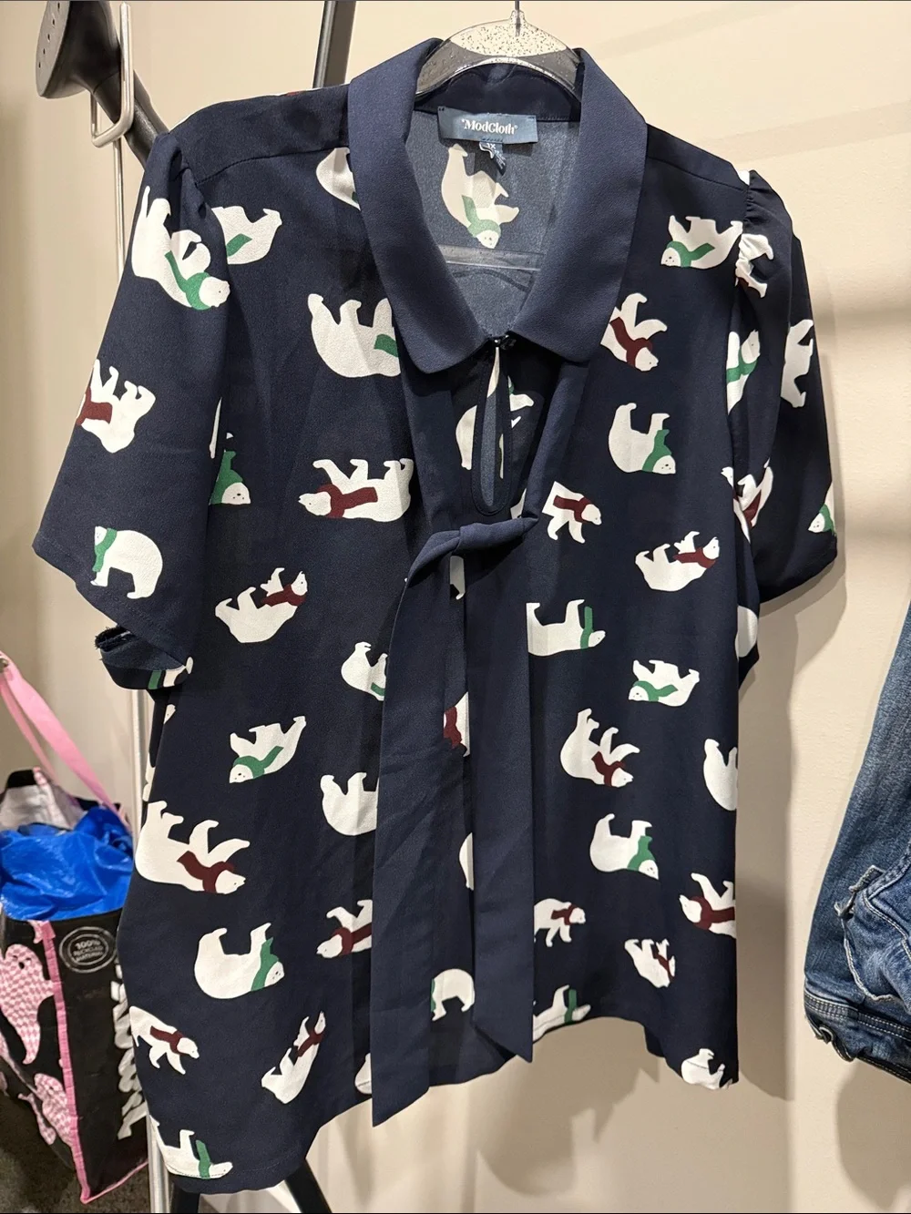 Modcloth Navy Tie-Neck Blouse with Polar Bear Motif 1X - Picture 2 of 4